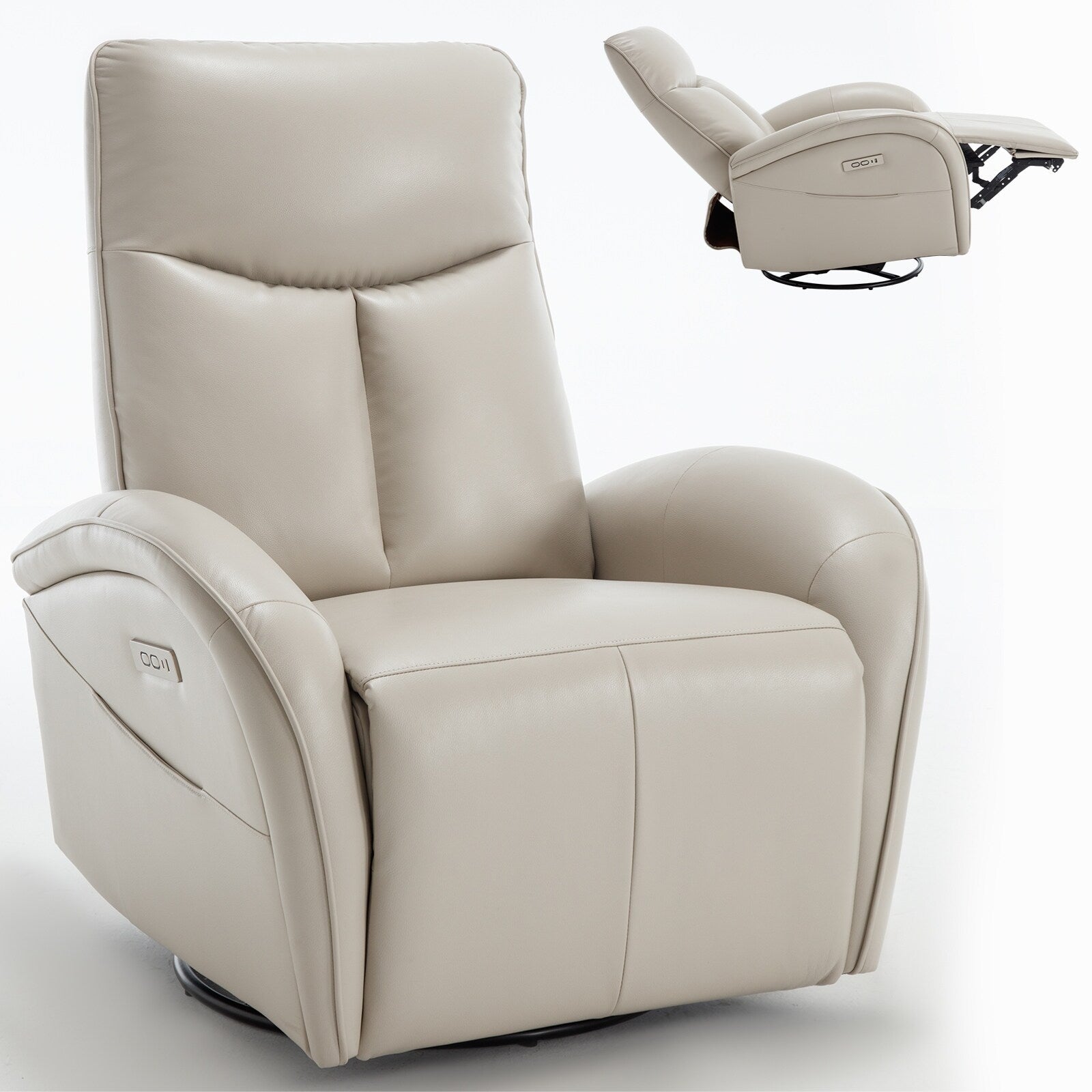 Fauteuil inclinable électrique en cuir véritable bleu avec pivot à 270°, mouvement de bascule, soutien lombaire et chargement USB et Type-C
