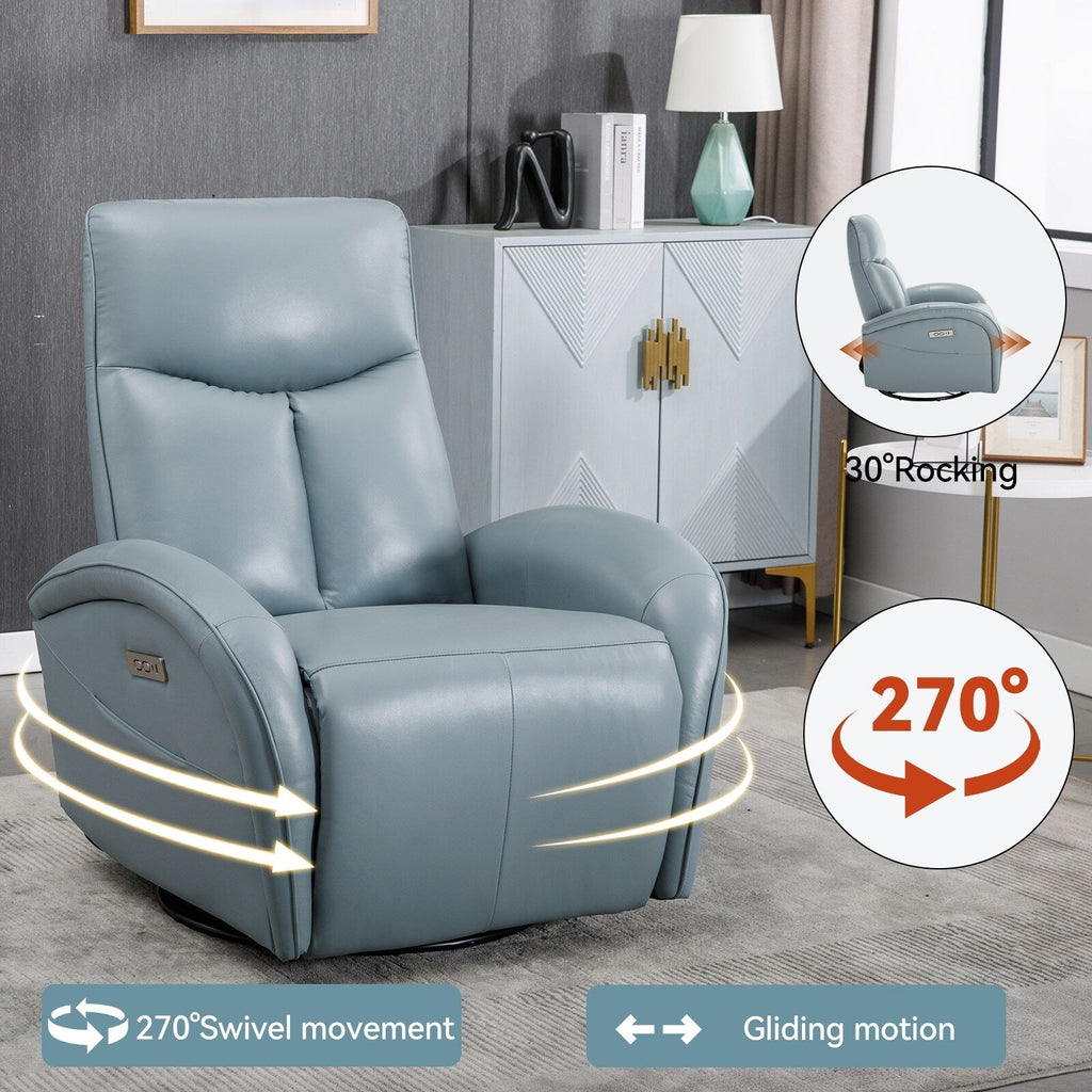 Fauteuil inclinable électrique en cuir véritable bleu avec pivot et chargement USB
