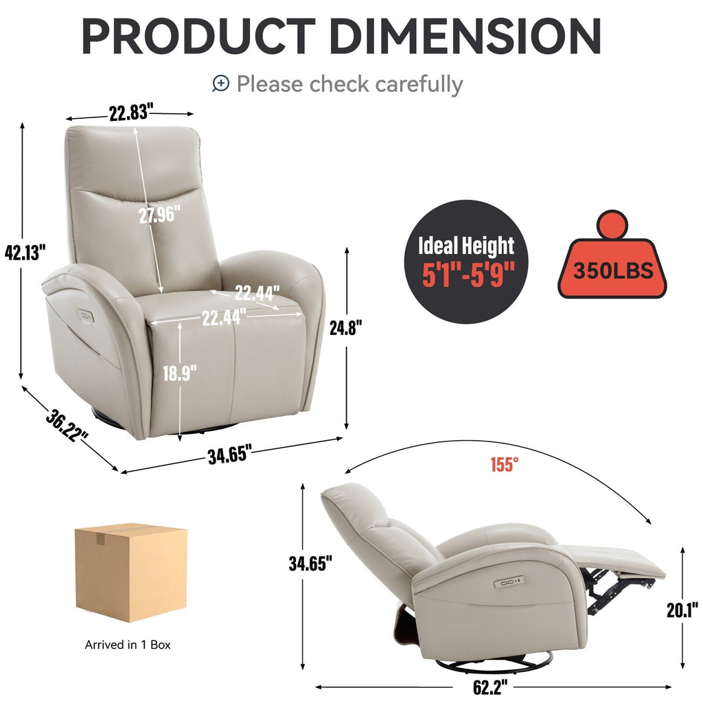Fauteuil inclinable électrique en cuir véritable bleu avec pivot et chargement USB