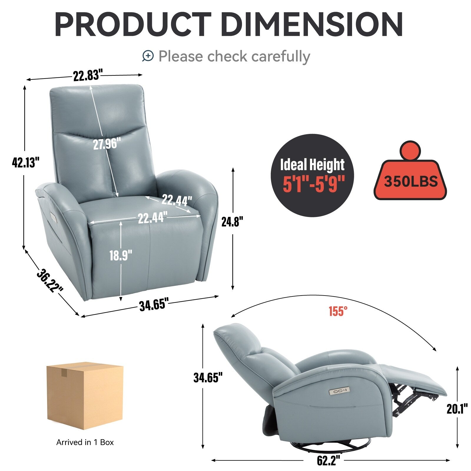 Fauteuil inclinable électrique en cuir bleu avec pivot à 270°, fonction bascule, support lombaire et ports de chargement USB et Type-C
