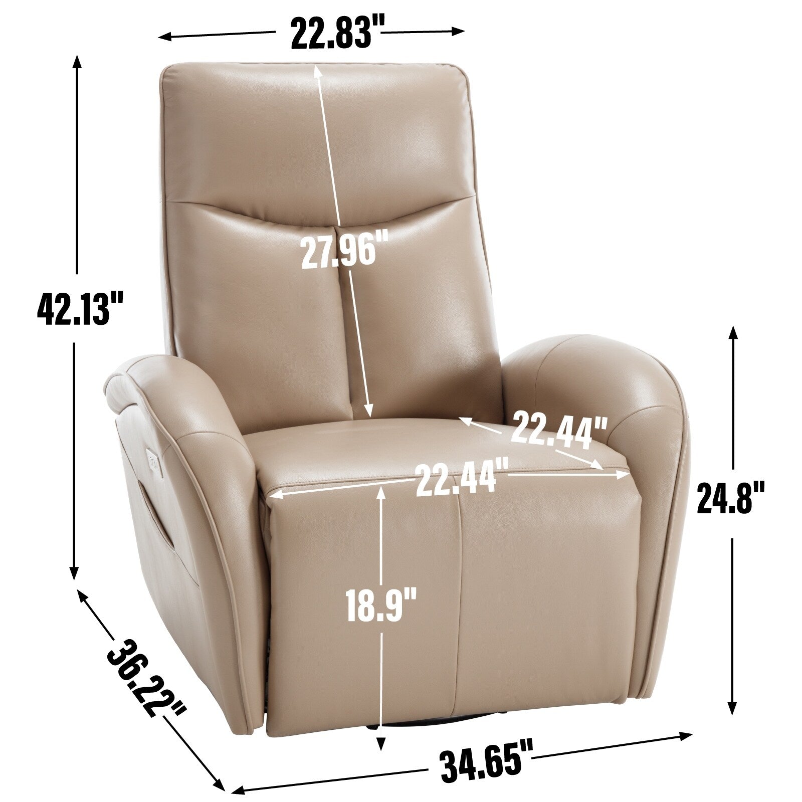 Fauteuil inclinable électrique en cuir bleu avec pivot à 270°, fonction bascule, support lombaire et ports de chargement USB et Type-C