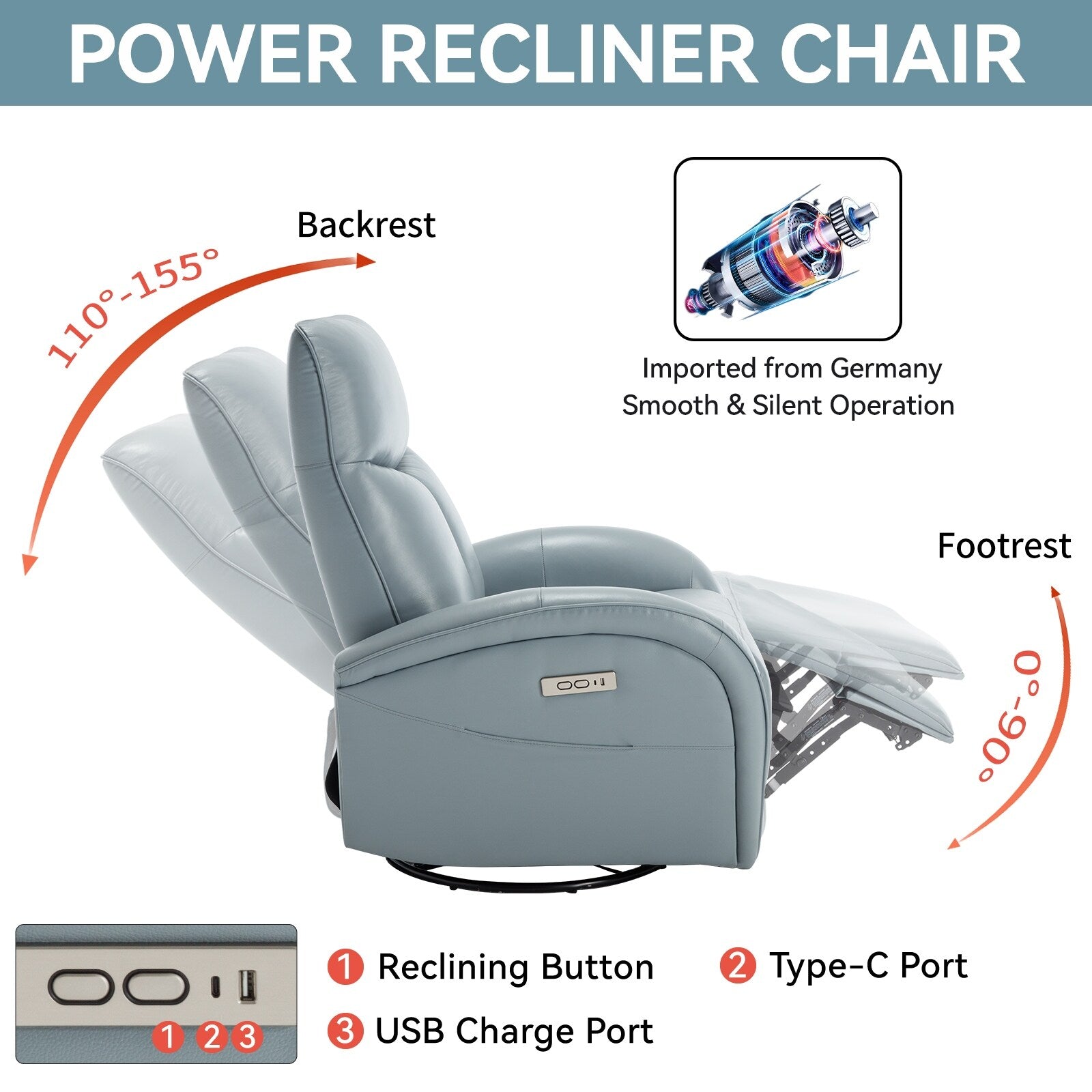 Fauteuil inclinable électrique en cuir bleu avec pivot à 270°, fonction bascule, support lombaire et ports de chargement USB et Type-C