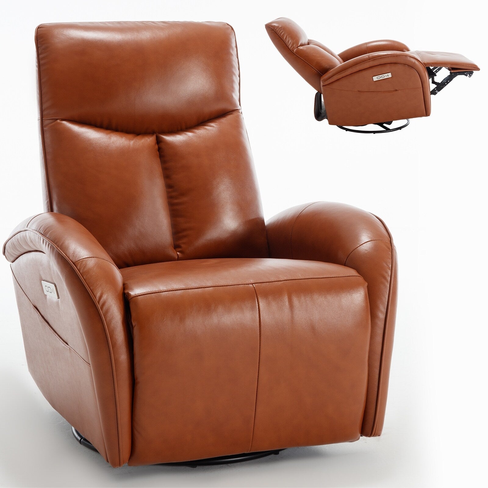 Fauteuil inclinable électrique en cuir bleu avec pivot à 270°, fonction bascule, soutien lombaire et ports USB et Type-C