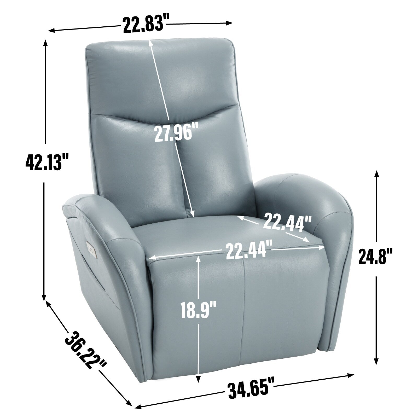 Fauteuil inclinable électrique en cuir bleu avec pivot à 270°, mouvement de bascule, soutien lombaire et options de chargement USB et Type-C