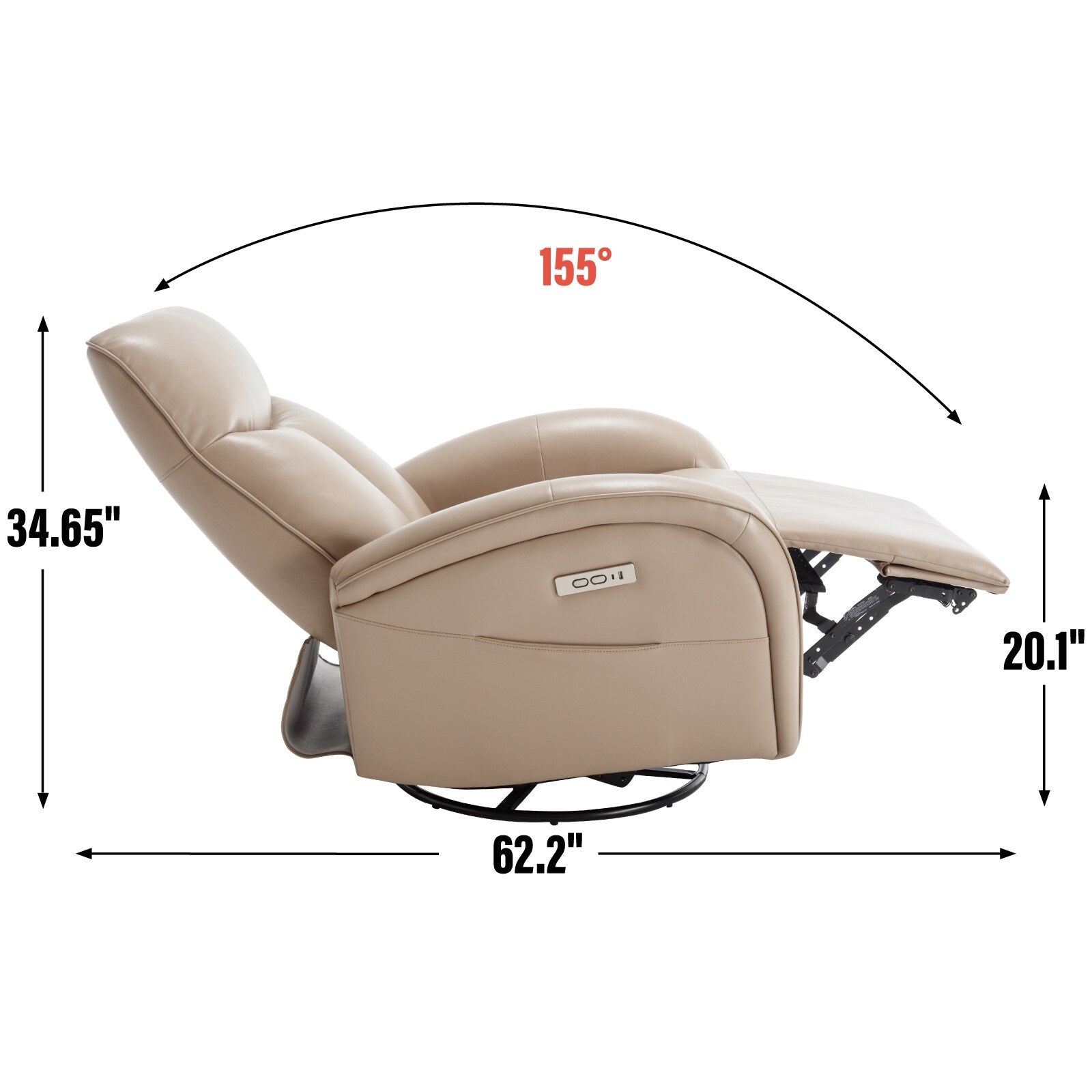 Fauteuil inclinable électrique en cuir bleu avec pivot à 270°, mouvement de bascule, soutien lombaire et options de chargement USB et Type-C
