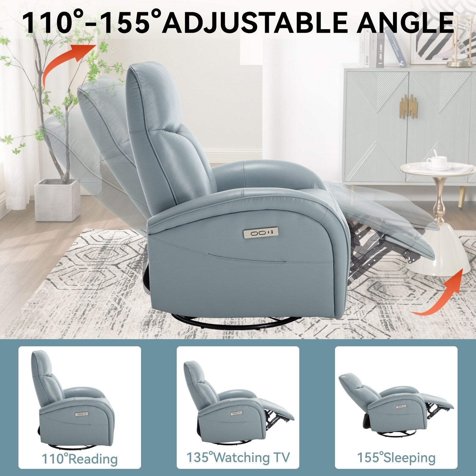 Fauteuil inclinable électrique en cuir bleu avec pivot à 270°, mouvement de bascule, soutien lombaire et options de chargement USB et Type-C