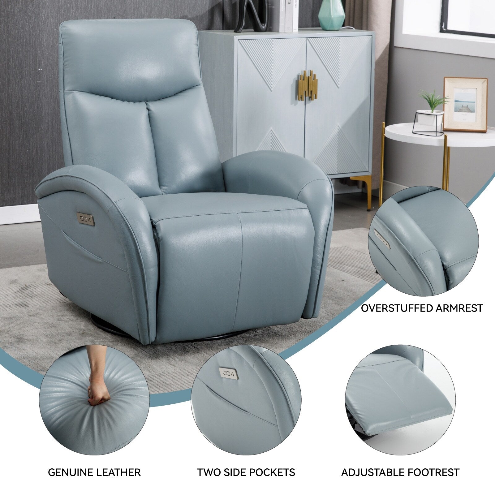Fauteuil inclinable électrique en cuir bleu avec pivot à 270°, mouvement de bascule, soutien lombaire et options de chargement USB et Type-C