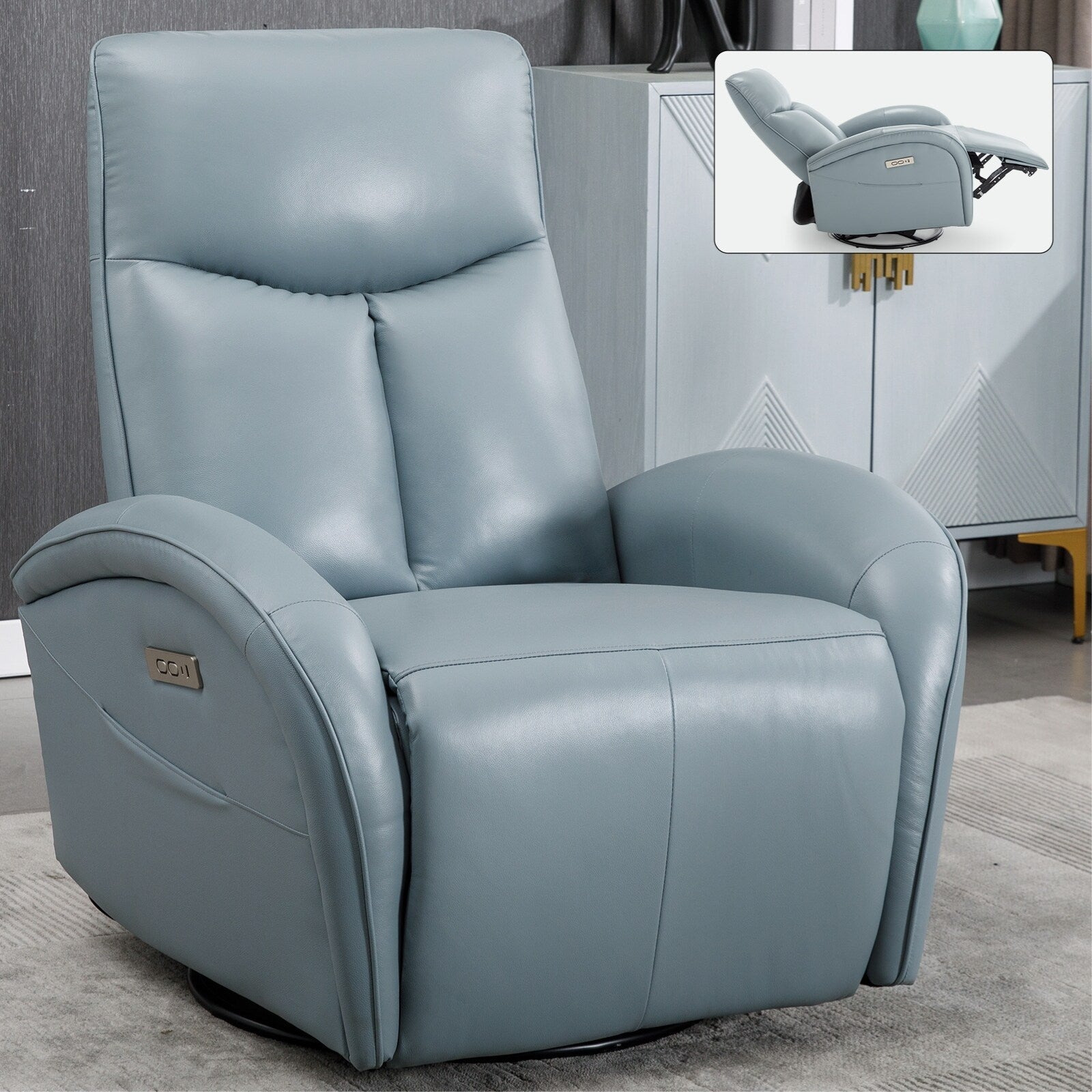 Fauteuil inclinable électrique en cuir bleu avec pivot à 270°, mouvement de bascule, soutien lombaire et options de chargement USB et Type-C