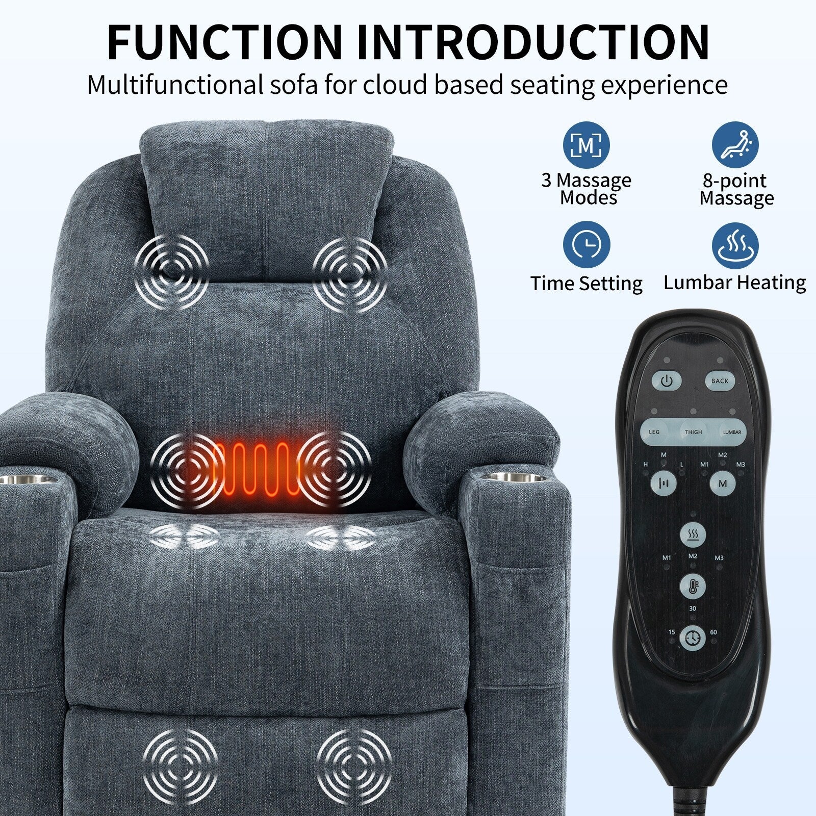 Fauteuil inclinable releveur bleu avec massage 8 points, chauffage lombaire, deux ports USB et porte-gobelets en acier inoxydable