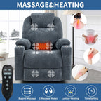 Fauteuil inclinable releveur bleu avec massage 8 points, chauffage lombaire, deux ports USB et porte-gobelets en acier inoxydable