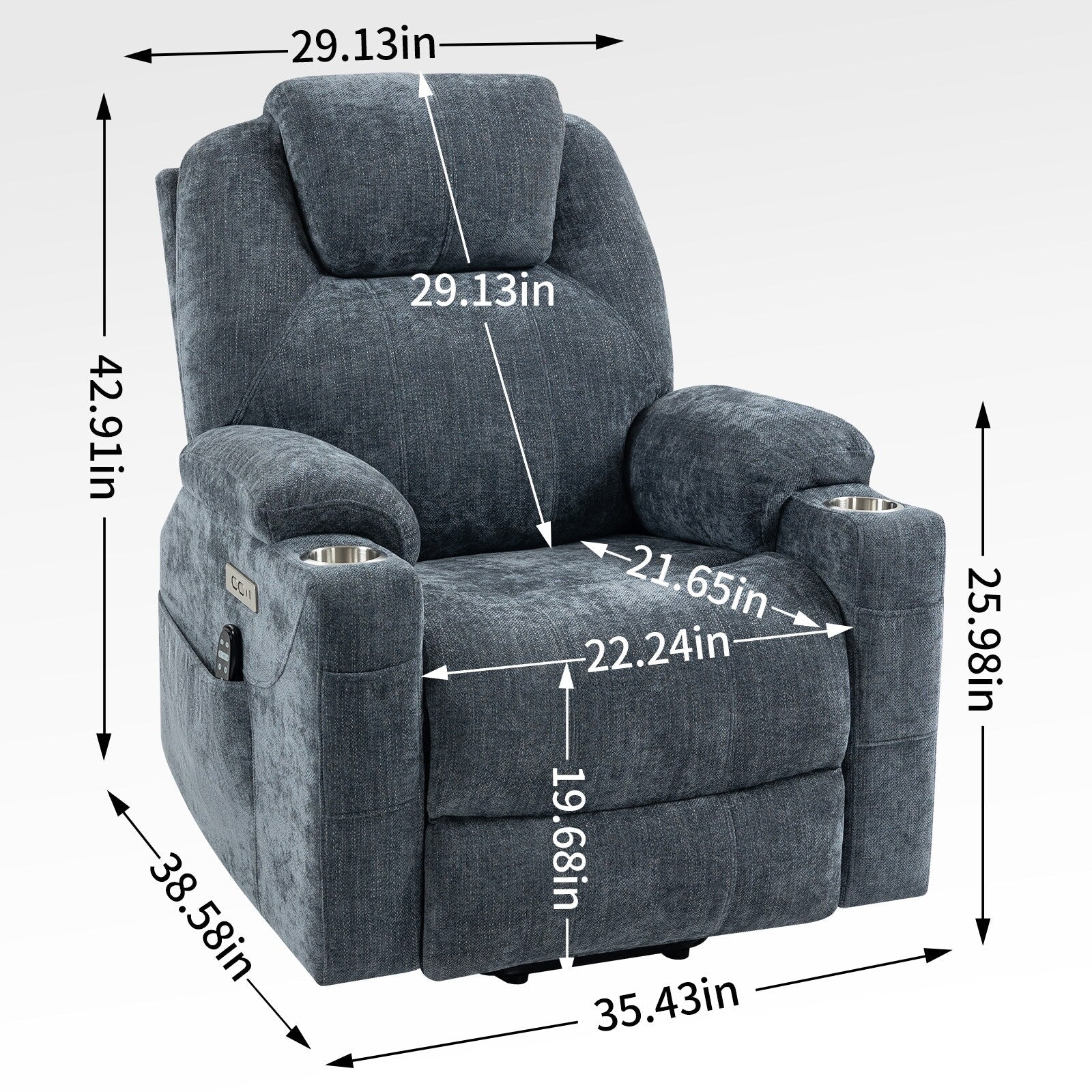 Fauteuil inclinable releveur bleu avec massage 8 points, chauffage lombaire, deux ports USB et porte-gobelets en acier inoxydable