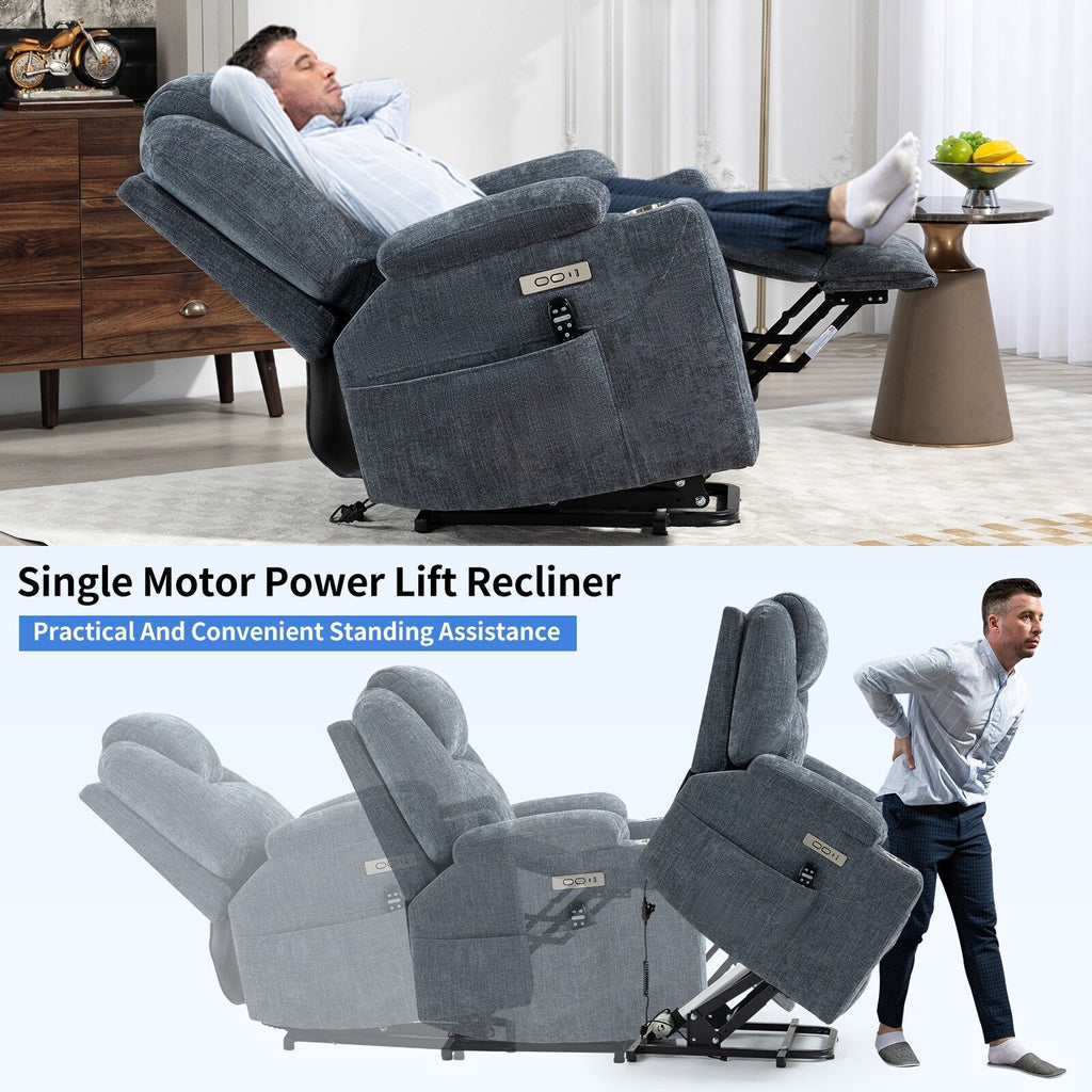 Fauteuil inclinable releveur bleu avec massage 8 points, chauffage lombaire, deux ports USB et porte-gobelets en acier inoxydable