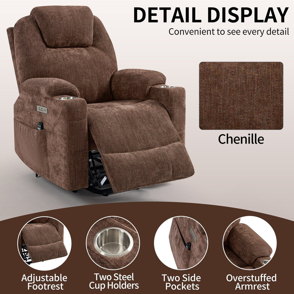 Fauteuil inclinable releveur bleu avec massage 8 points, chauffage lombaire, deux ports USB et porte-gobelets en acier inoxydable
