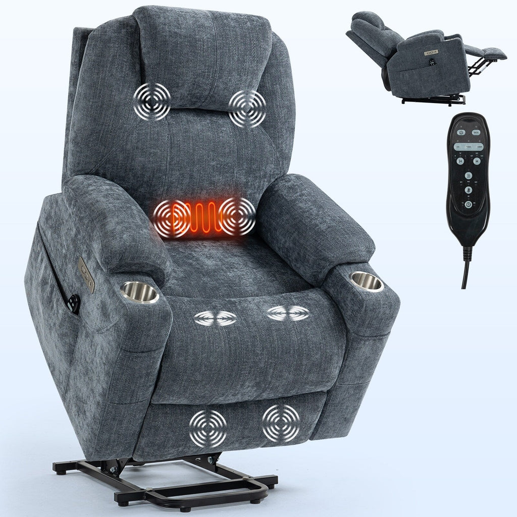 Fauteuil inclinable releveur bleu avec massage 8 points, chauffage lombaire, deux ports USB et porte-gobelets en acier inoxydable