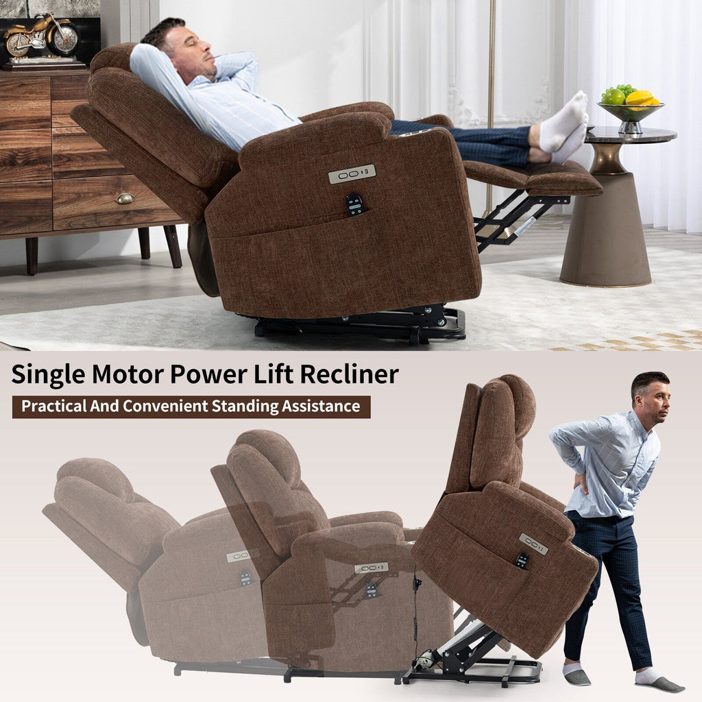 Fauteuil inclinable releveur bleu avec massage 8 points, chauffage lombaire, deux ports USB et porte-gobelets en acier inoxydable