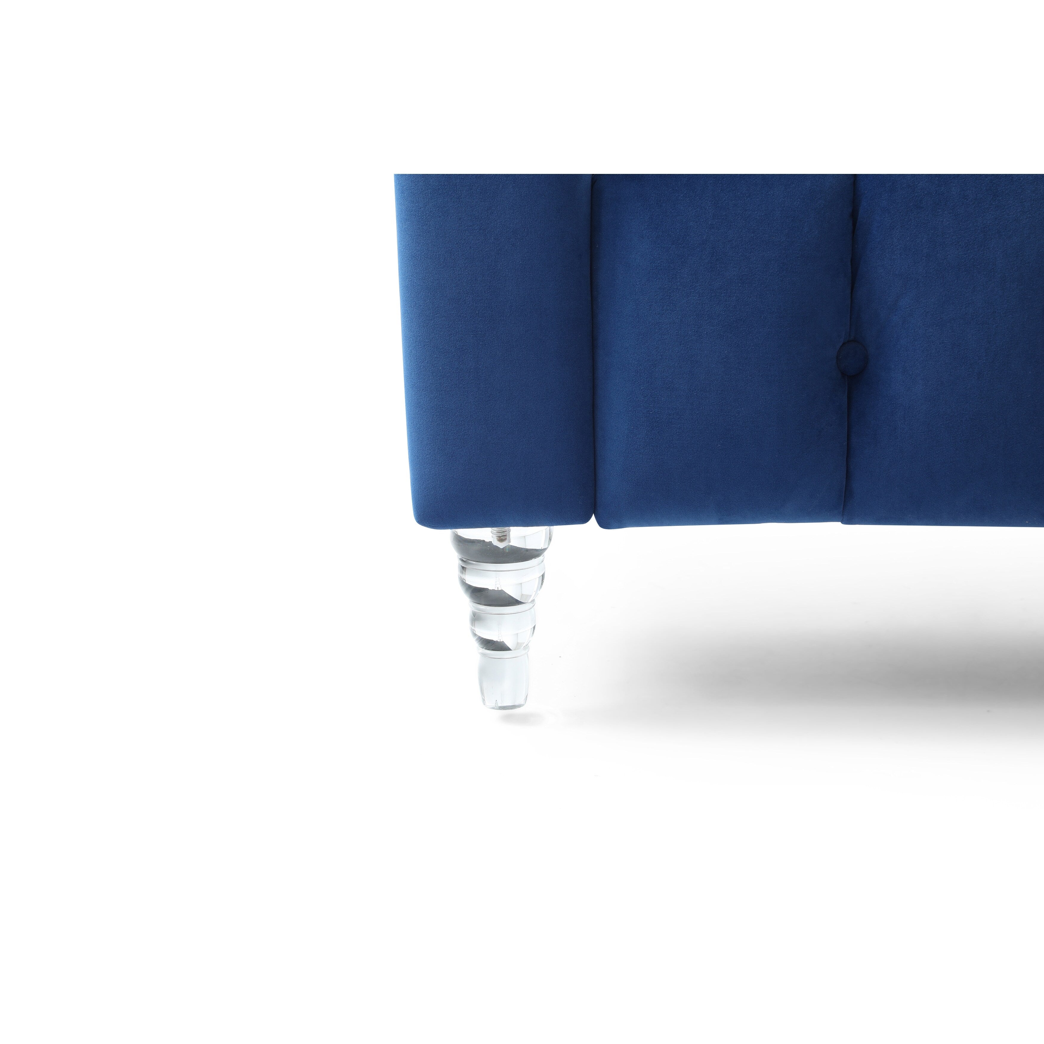 Canapé 3 places en velours bleu moderne 81,88 avec pieds transparents et dossier capitonné pour le salon