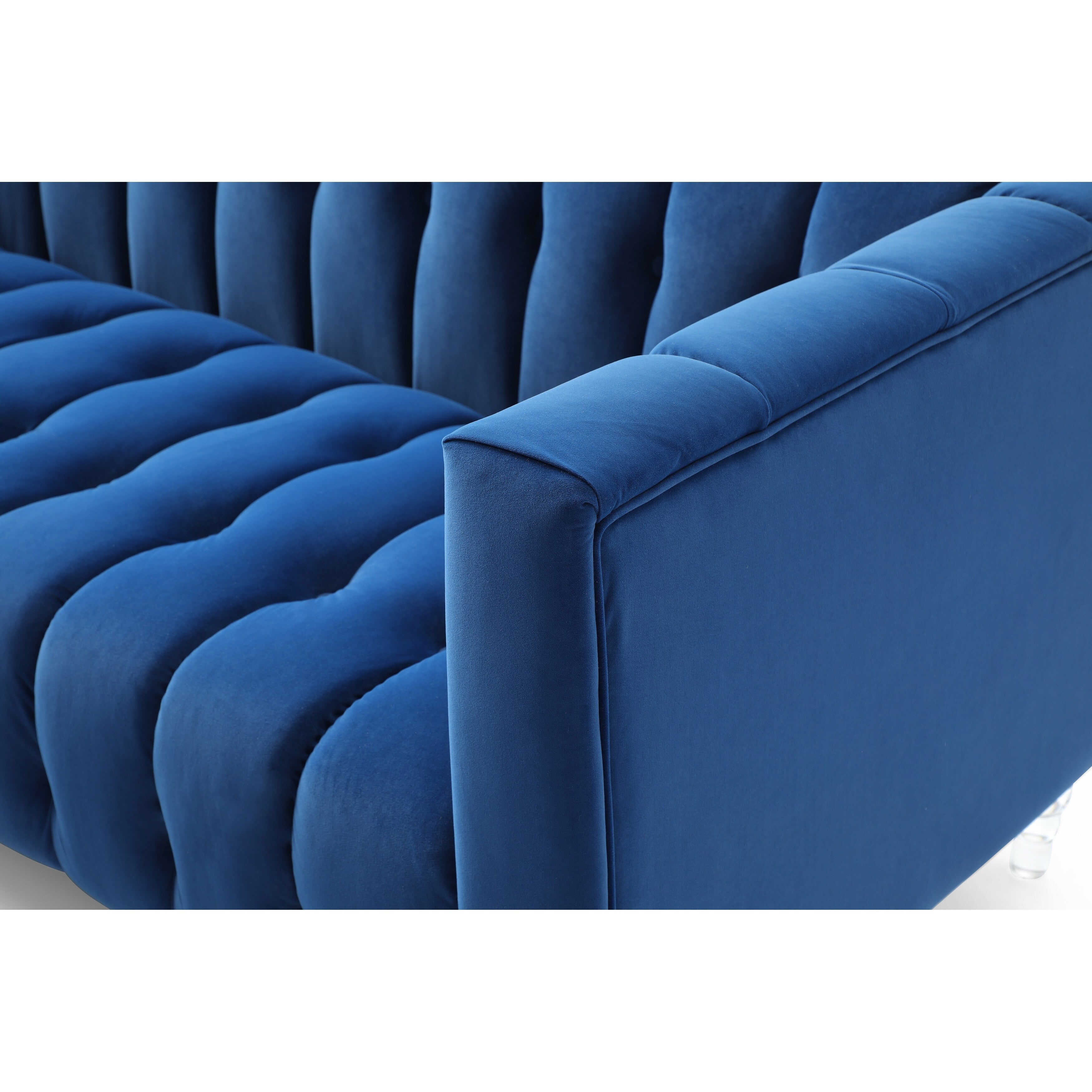 Canapé 3 places en velours bleu moderne 81,88 avec pieds transparents et dossier capitonné pour le salon