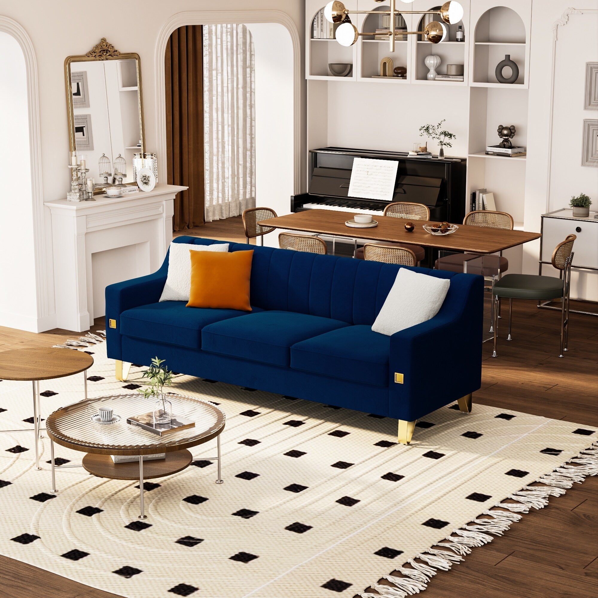 Canapé 3 places en velours bleu moderne 81,89 $ avec touches dorées et coussins moelleux pour le salon