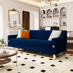 Canapé 3 places en velours bleu moderne 81,89 $ avec touches dorées et coussins moelleux pour le salon