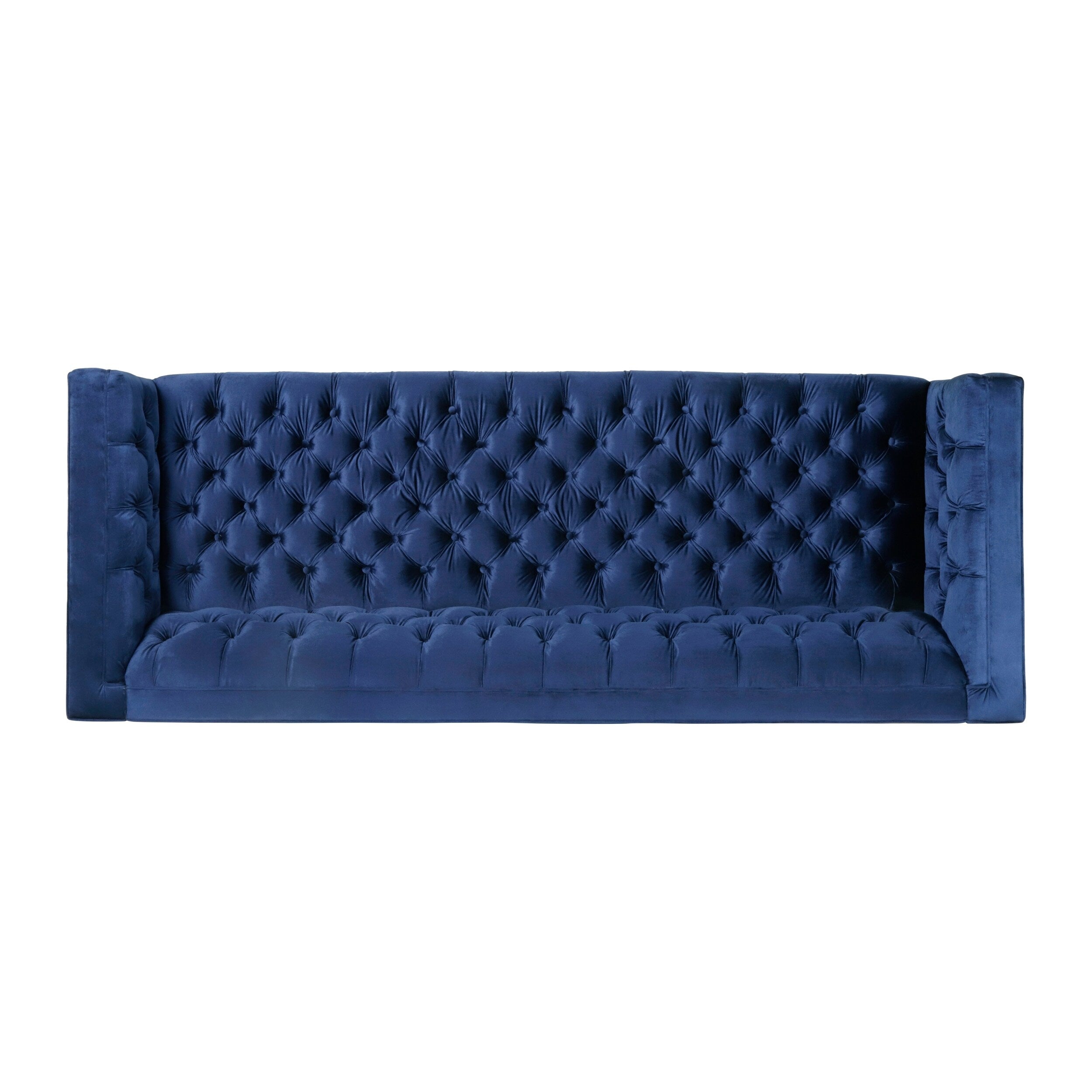 Canapé 3 places bleu moderne en similicuir 86,75 pouces, capitonné avec boutons et pieds en fer lisses en forme de T pour le salon