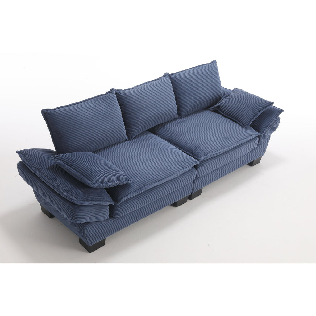 Canapé 3 places en velours côtelé bleu moderne 88,6 avec deux coussins et pieds larges en plastique pour le salon