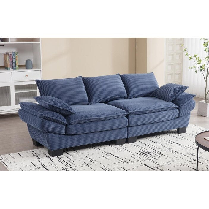 Canapé 3 places en velours côtelé bleu moderne 88,6 avec deux coussins et pieds larges en plastique pour le salon
