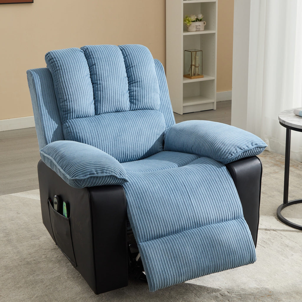 Fauteuil inclinable chauffant bleu moderne avec 8 moteurs de massage et 10 niveaux d'intensité pour un confort optimal au salon