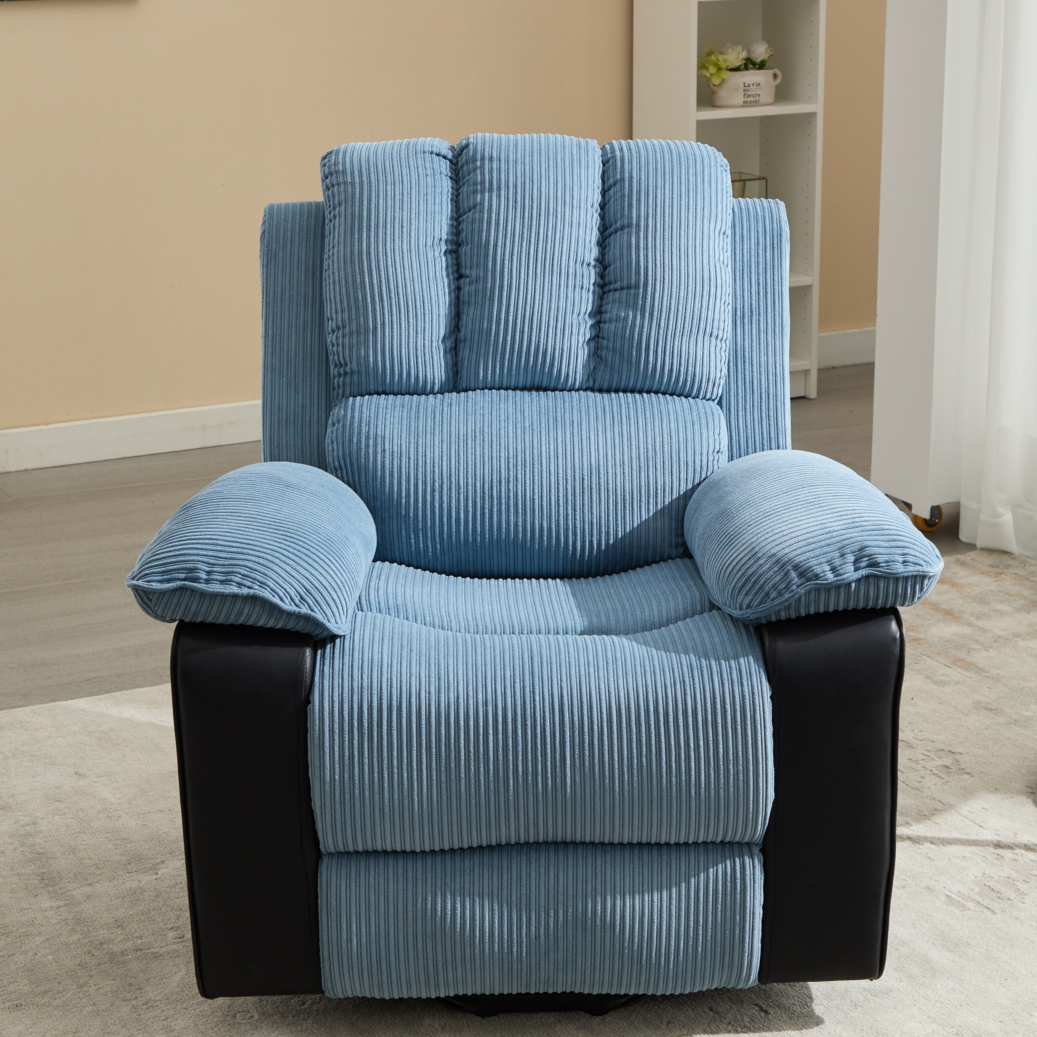 Fauteuil inclinable chauffant bleu moderne avec 8 moteurs de massage et 10 niveaux d'intensité, idéal pour la détente au salon