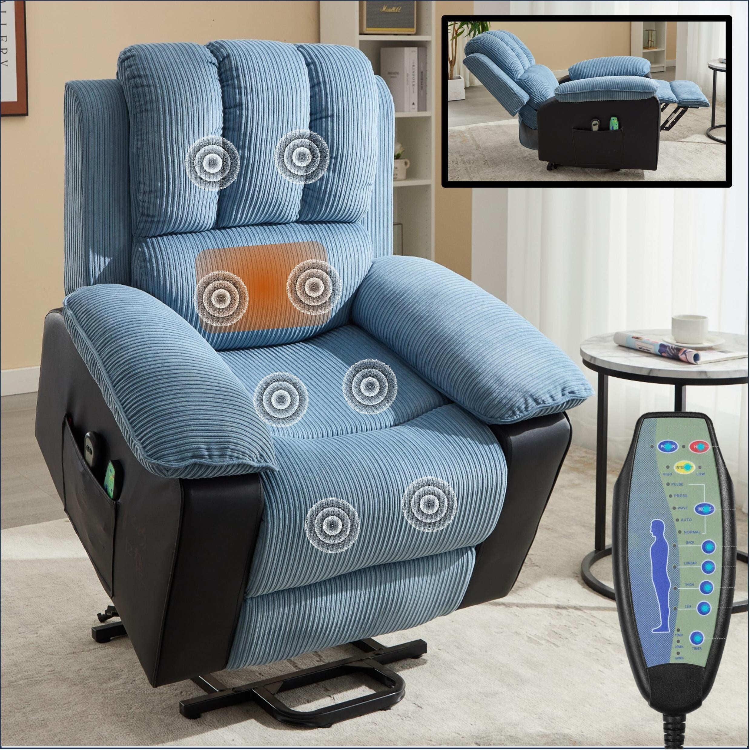 Fauteuil inclinable chauffant bleu moderne avec 8 moteurs de massage et 10 niveaux d'intensité, idéal pour la détente au salon