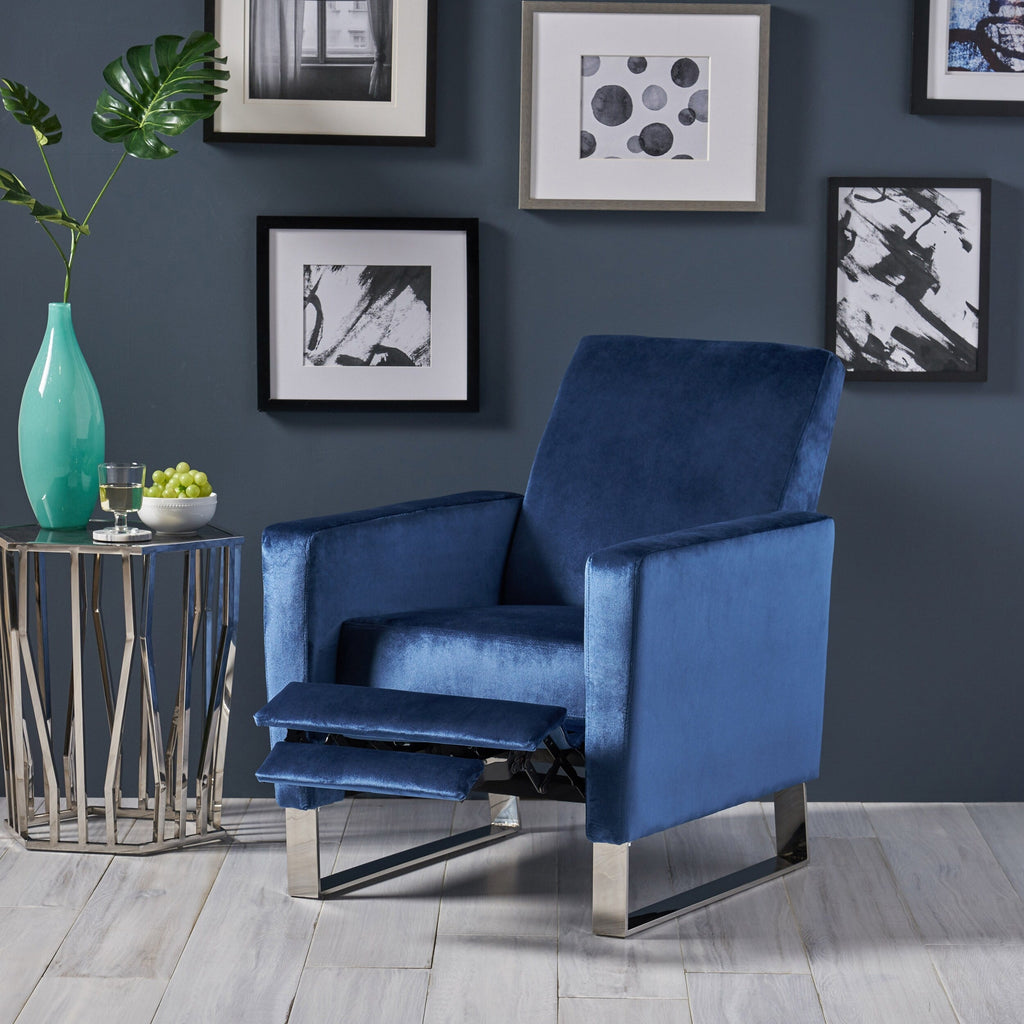 Fauteuil inclinable moderne en velours bleu avec repose-pieds et pieds en acier inoxydable