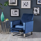 Fauteuil inclinable moderne en velours bleu avec repose-pieds et pieds en acier inoxydable