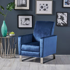 Fauteuil inclinable moderne en velours bleu avec repose-pieds et pieds en acier inoxydable