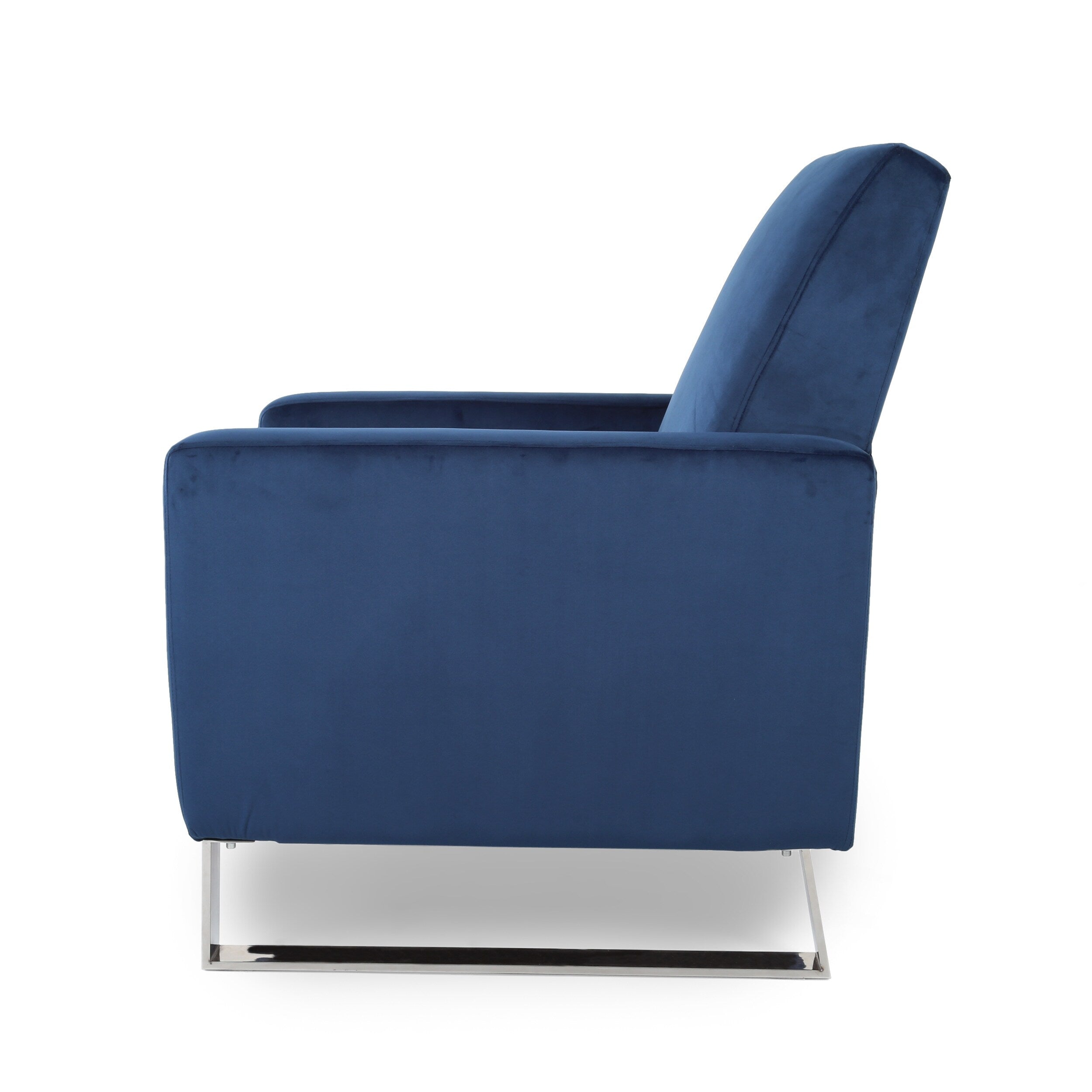Fauteuil inclinable moderne en velours bleu avec repose-pieds et pieds en acier inoxydable
