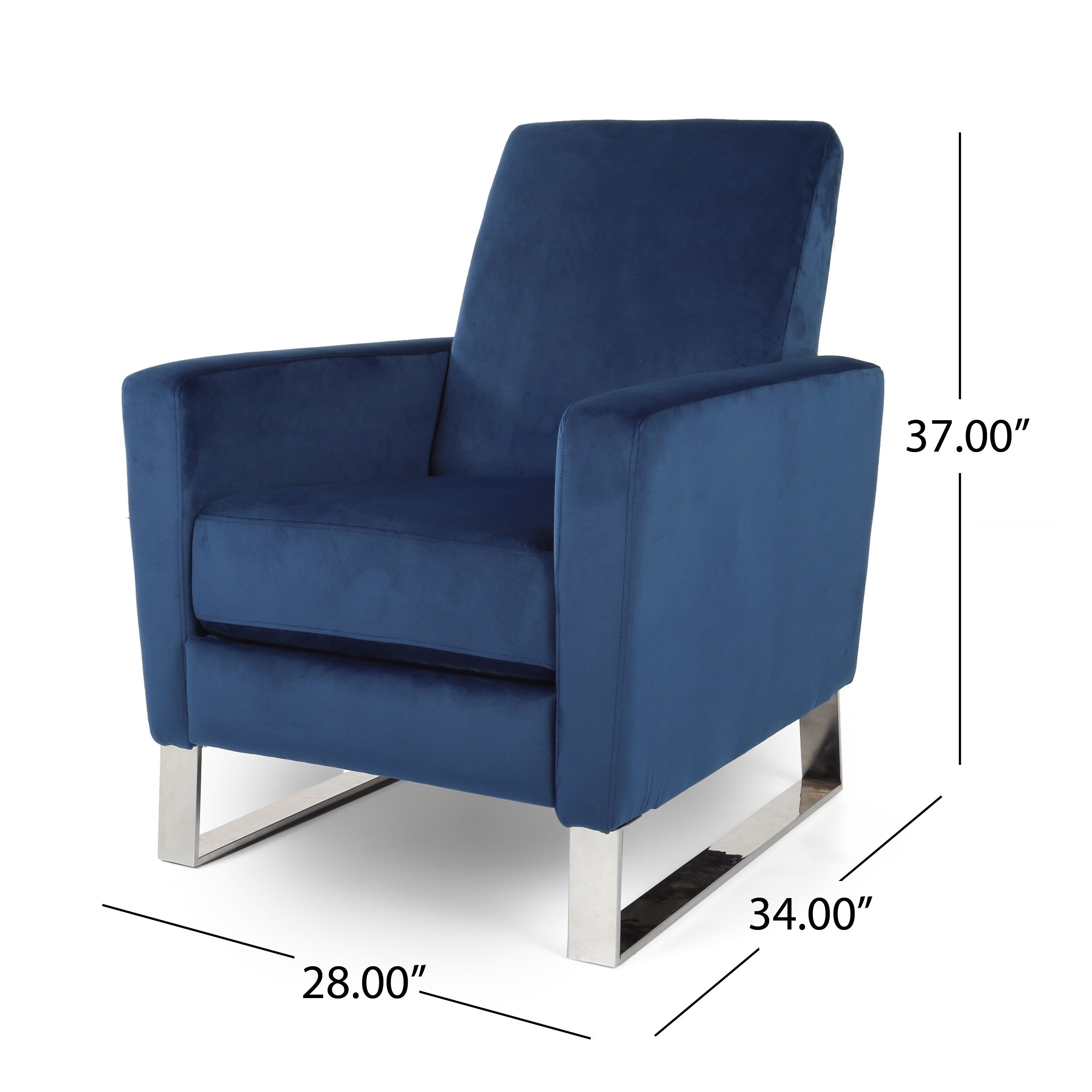 Fauteuil inclinable moderne en velours bleu avec repose-pieds et pieds en acier inoxydable
