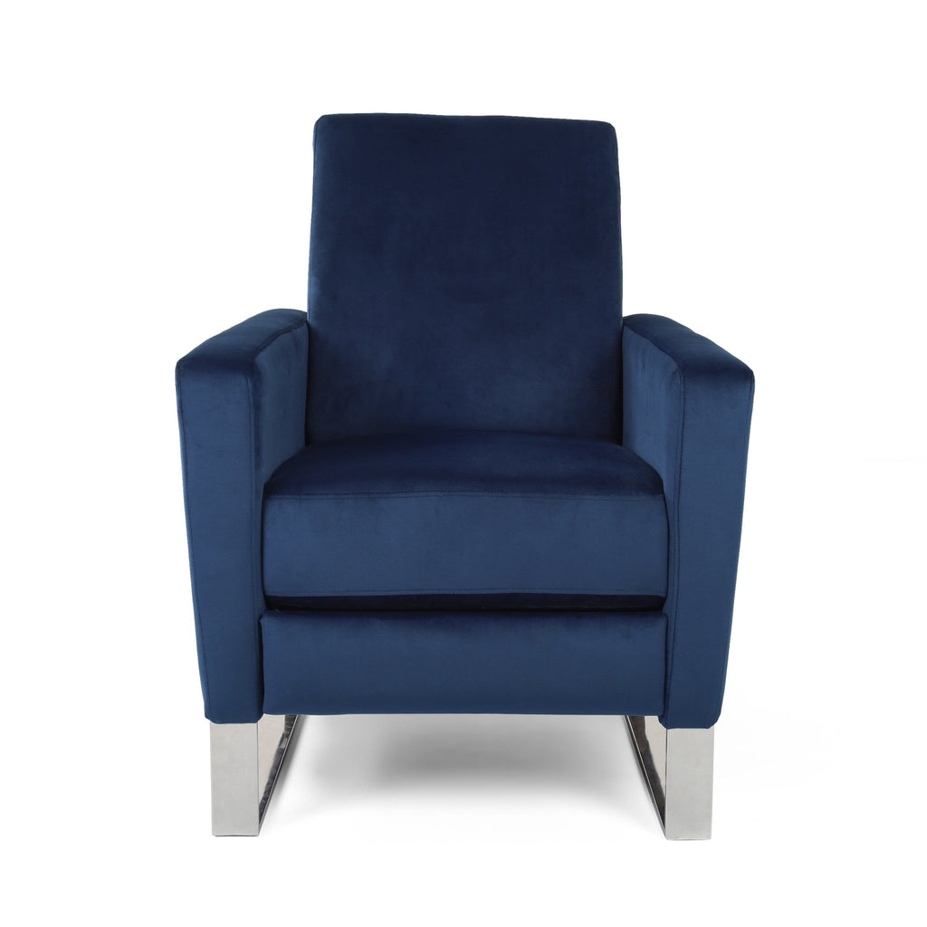Fauteuil inclinable moderne en velours bleu avec repose-pieds et pieds en acier inoxydable