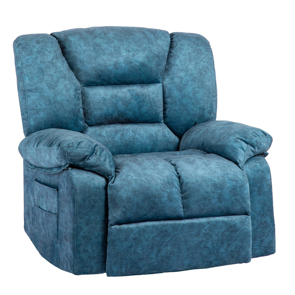 Fauteuil inclinable manuel surdimensionné bleu avec massage par vibrations, chauffage lombaire et poches latérales