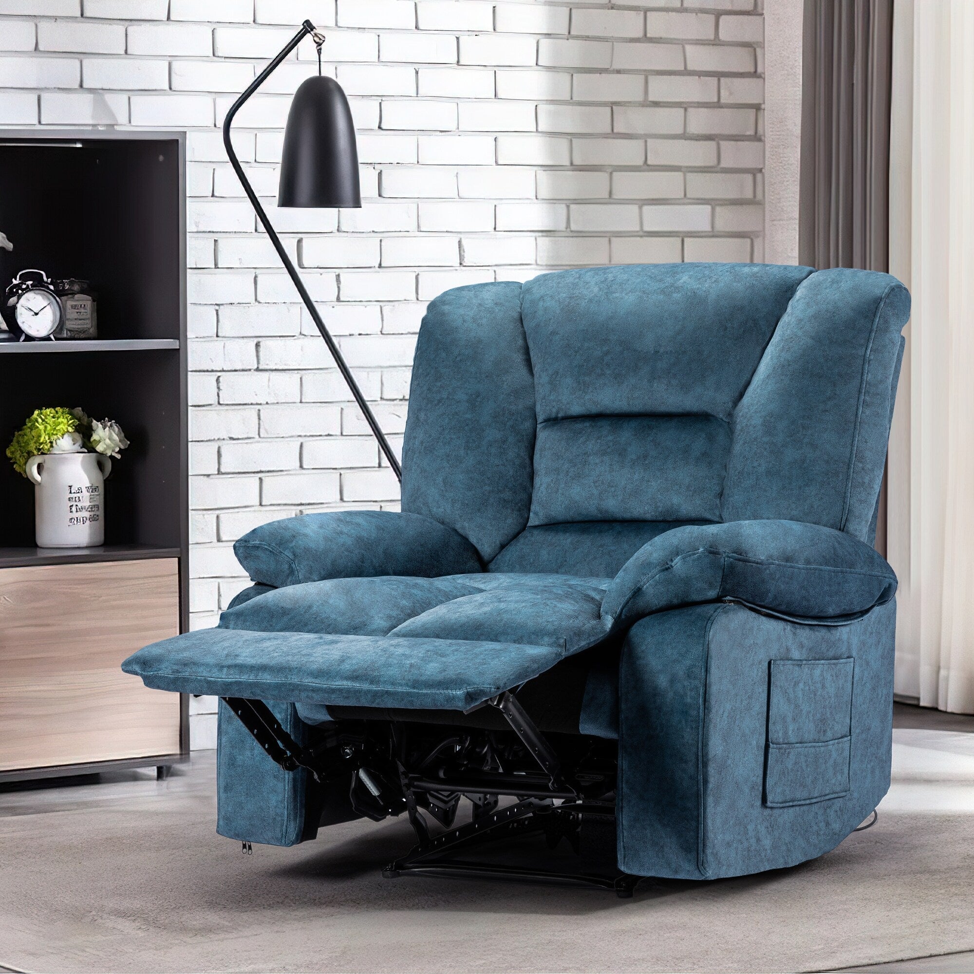 Fauteuil inclinable manuel surdimensionné bleu avec massage par vibrations, chauffage lombaire et poches latérales