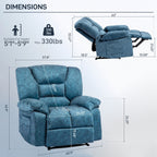 Fauteuil inclinable manuel surdimensionné bleu avec massage par vibrations, chauffage lombaire et poches latérales