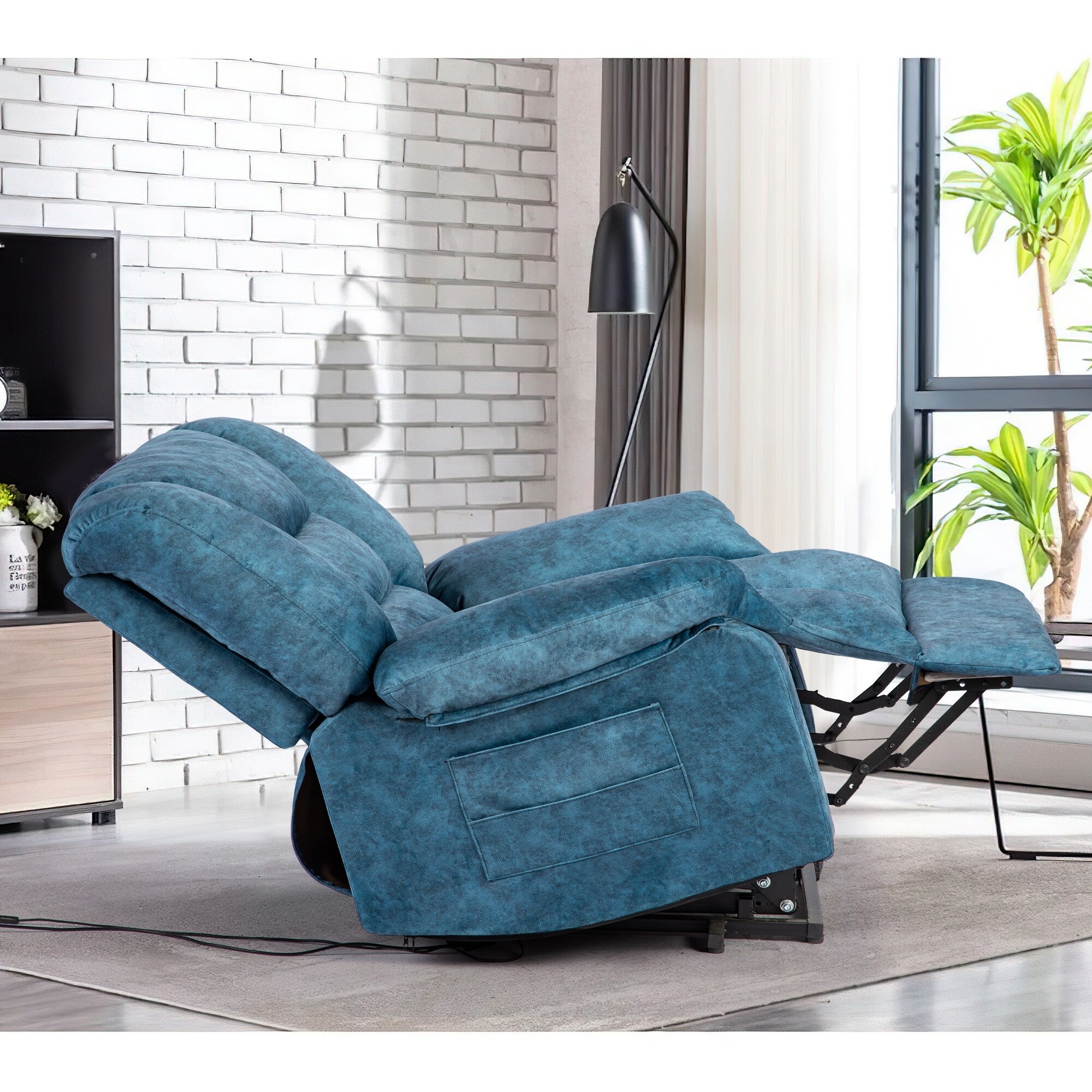 Fauteuil inclinable manuel surdimensionné bleu avec massage par vibrations, chauffage lombaire et poches latérales