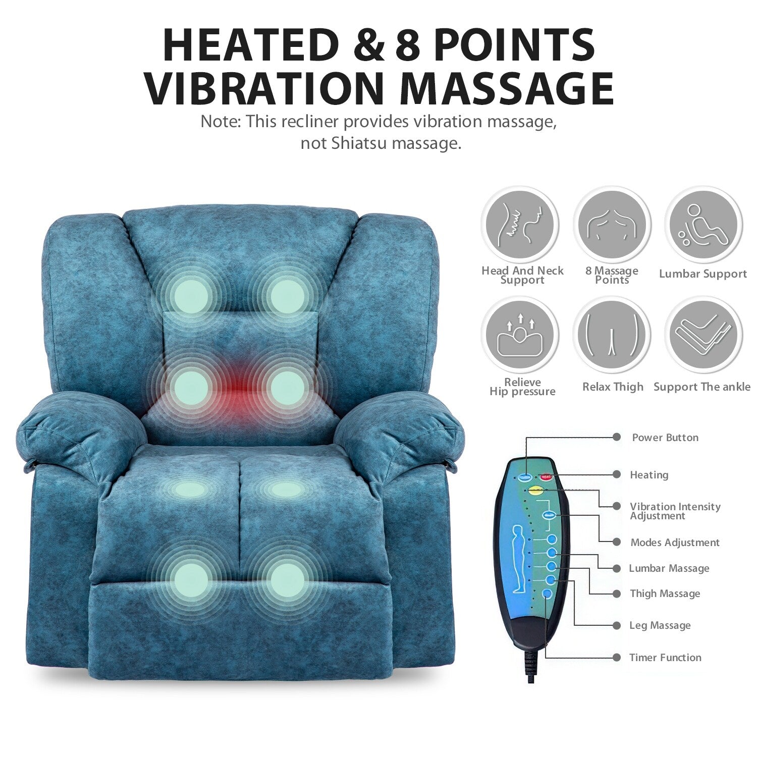 Fauteuil inclinable manuel surdimensionné bleu avec massage par vibrations, chauffage lombaire et poches latérales
