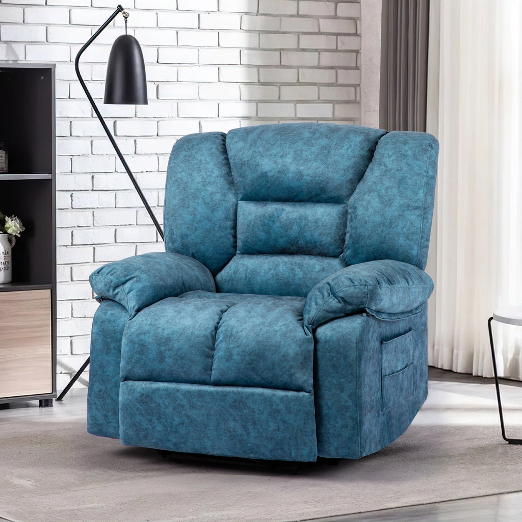 Fauteuil inclinable manuel surdimensionné bleu avec massage par vibrations, chauffage lombaire et poches latérales