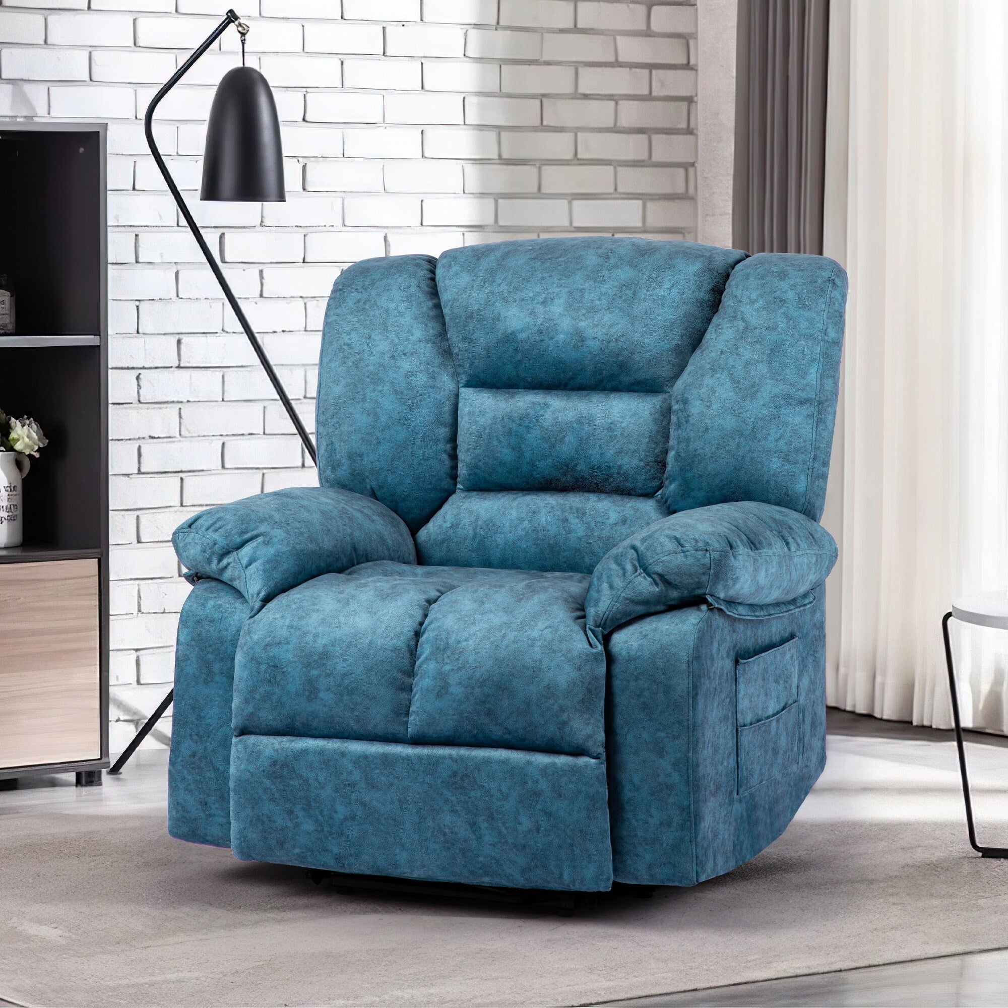 Fauteuil inclinable manuel surdimensionné bleu avec massage par vibrations, chauffage lombaire et poches latérales