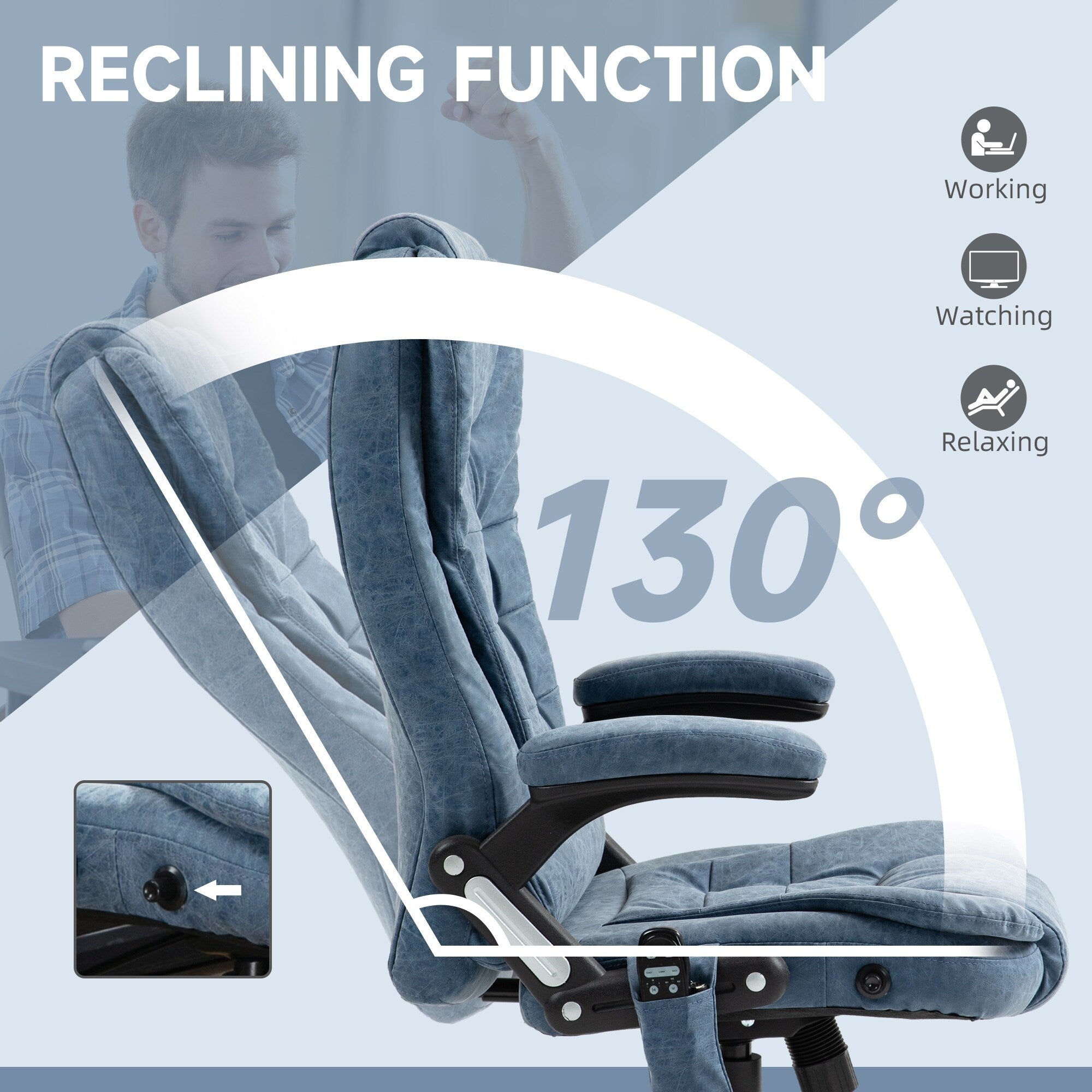 Fauteuil de bureau inclinable pivotant à 360° en cuir PU bleu avec massage par vibrations, chauffage lombaire et hauteur réglable