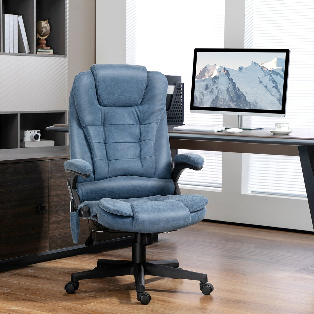 Fauteuil de bureau inclinable pivotant à 360° en cuir PU bleu avec massage par vibrations, chauffage lombaire et hauteur réglable