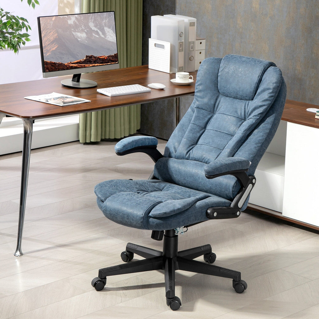 Fauteuil de bureau inclinable pivotant à 360° en cuir PU bleu avec massage par vibrations, chauffage lombaire et hauteur réglable