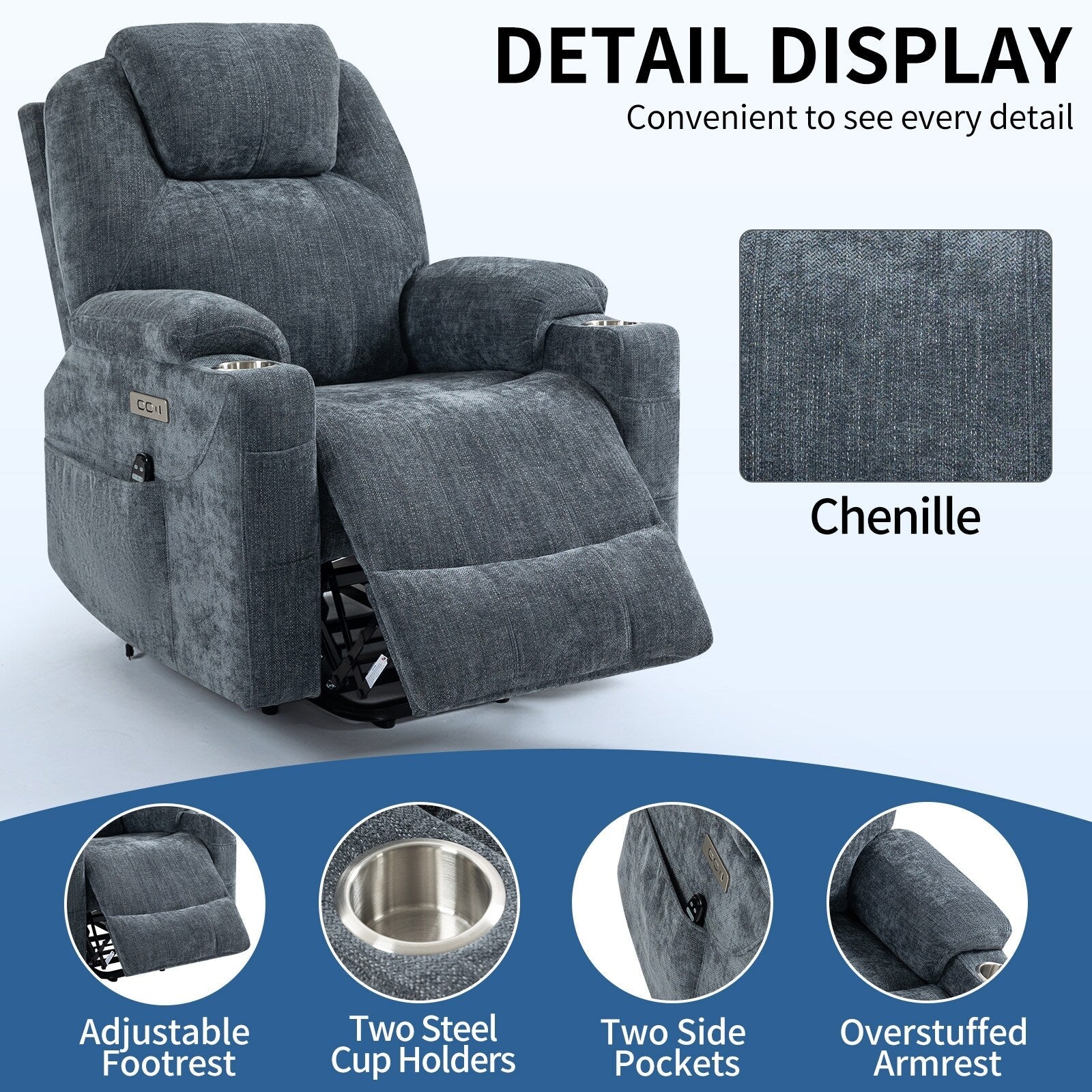 Fauteuil inclinable électrique bleu avec massage par vibrations à 8 points, chauffage lombaire, deux ports USB et porte-gobelets en acier inoxydable