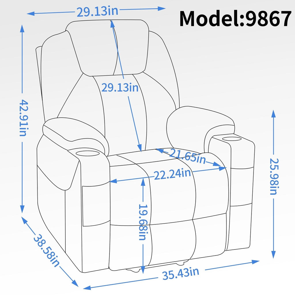 Fauteuil inclinable électrique bleu avec massage par vibrations à 8 points, chauffage lombaire, deux ports USB et porte-gobelets en acier inoxydable