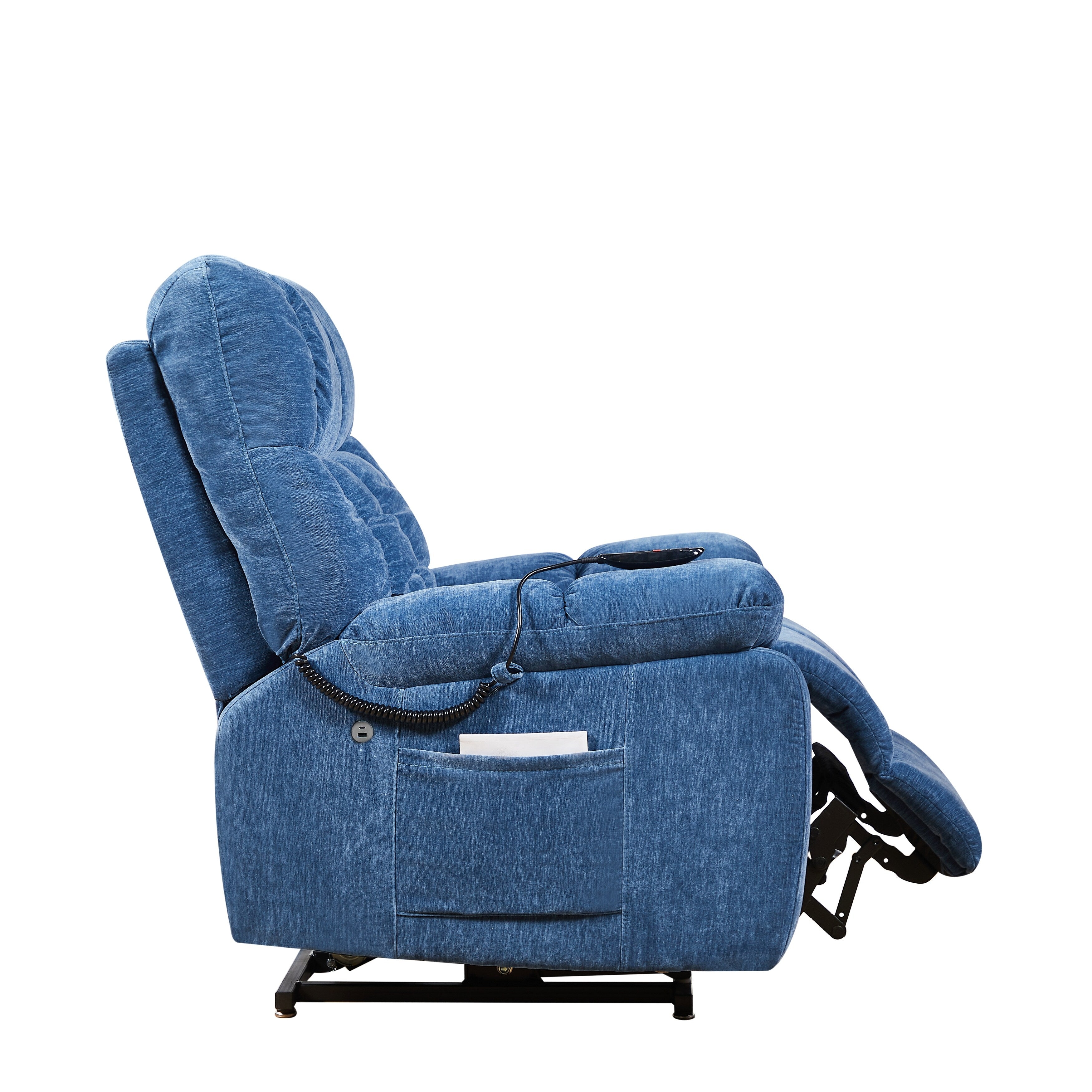 Fauteuil inclinable électrique bleu avec deux moteurs OKIN, massage, chauffage lombaire, positions réglables, ports USB et poches latérales
