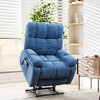 Fauteuil inclinable électrique bleu avec deux moteurs OKIN, massage, chauffage lombaire, positions réglables, ports USB et poches latérales