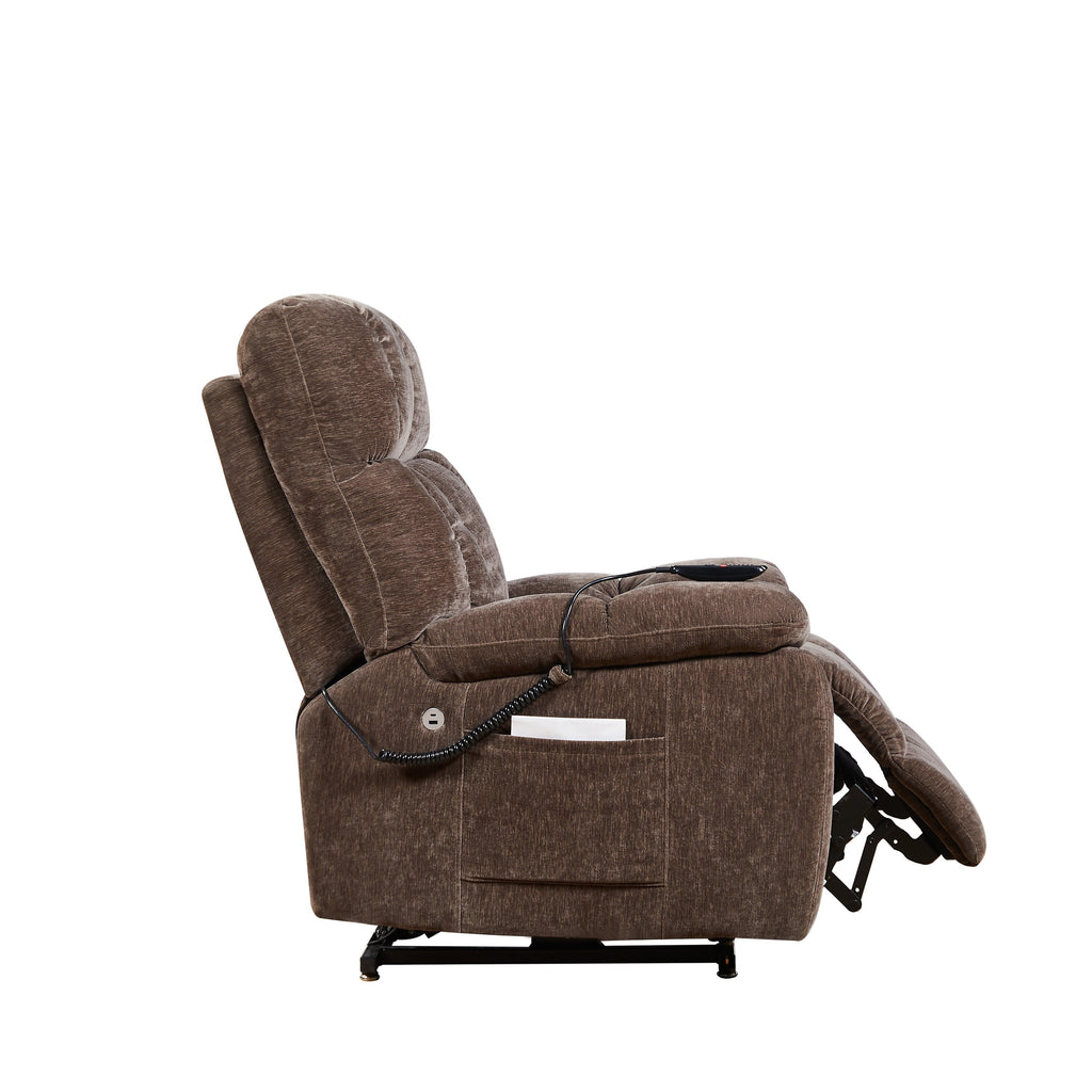 Fauteuil inclinable électrique bleu avec deux moteurs OKIN, massage, chauffage lombaire, positions réglables, ports USB et poches latérales